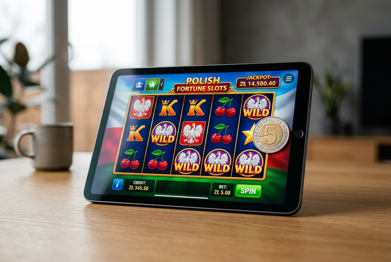 A tablet screen with a slot game and a 5 PLN coin.