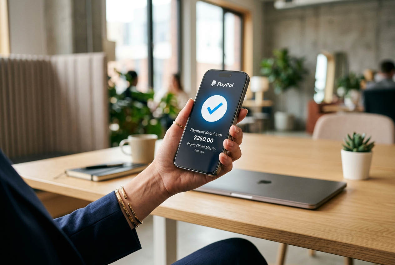 A smartphone displaying a successful PayPal transaction notification in a modern setting.